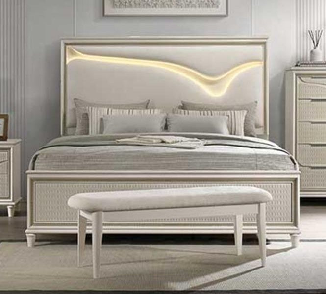 Casa Blanca Hudson Macchiato light brown Wood Finish Fabric Headboard LED Lighting Queen Bedroom Set – Hudson-4PC — product view 3