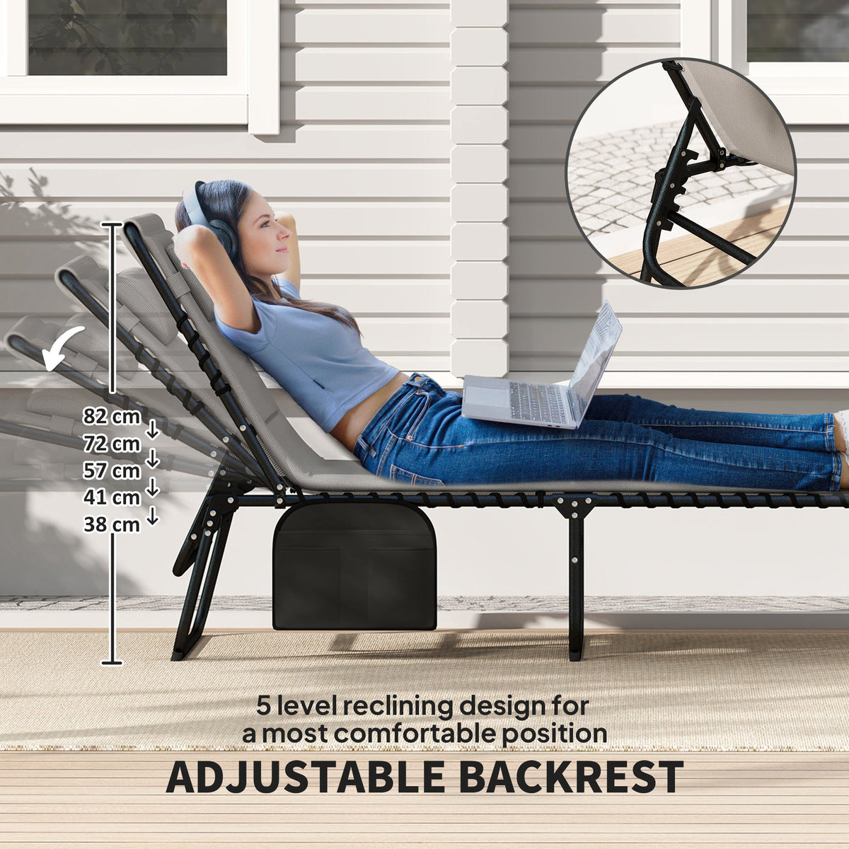 Set of 2 Folding Sun Loungers with Headrest & Side Pocket, Light Grey — product view 6