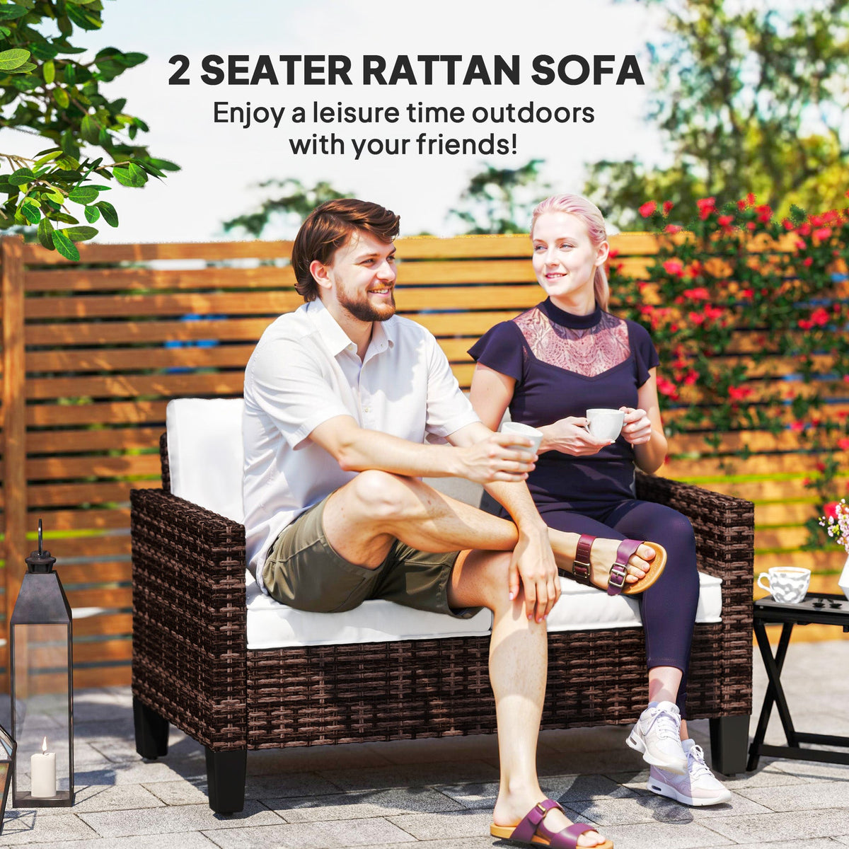 2 Seater Rattan Garden Sofa with Cushions & Armrests, Brown — product view 6
