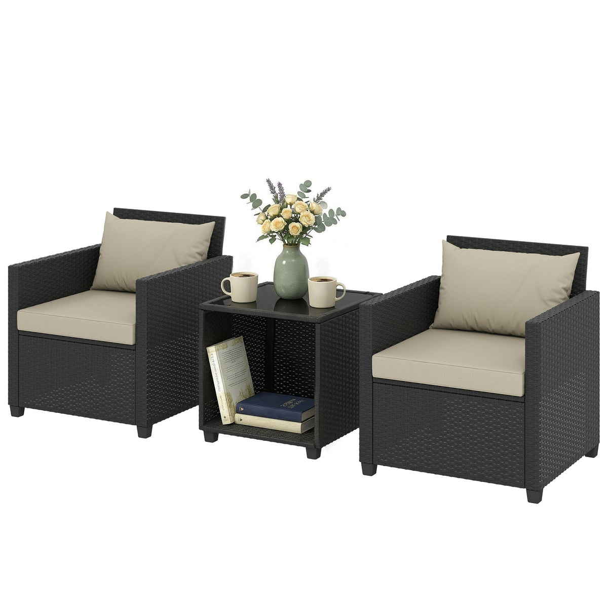 3 Piece Patio Bistro Set with Glass Table and Cushioned Chairs, Beige — product view 2