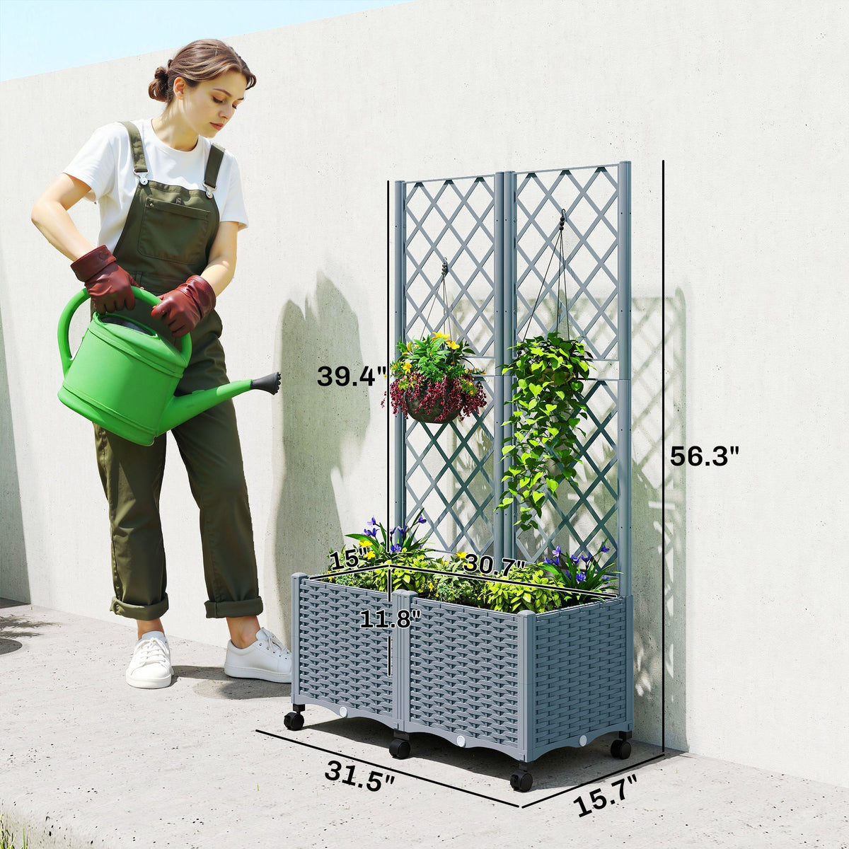 56.3" Self-Watering Planter Box with Trellis and Wheels, Gray — product view 5