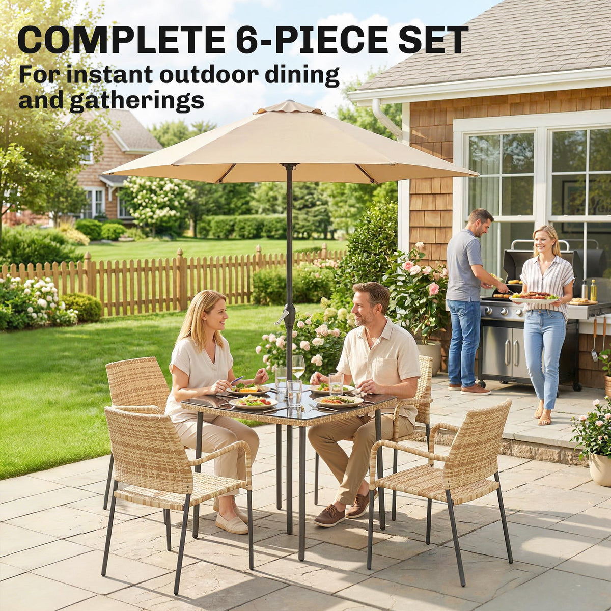 4-Seater Light Brown Rattan Dining Set with Parasol, Glass Top & Stacking Chairs — product view 6