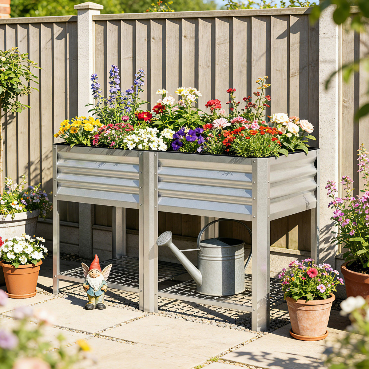 Galvanized Steel Raised Garden Bed with Legs and Storage Shelf, Silver — product view 3
