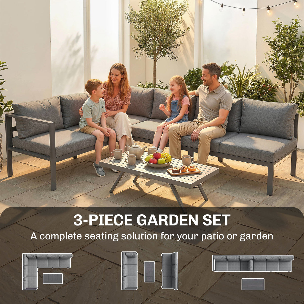 3 Piece Aluminium Corner Lounge Set with Adjustable Backrest, Dark Grey — product view 6