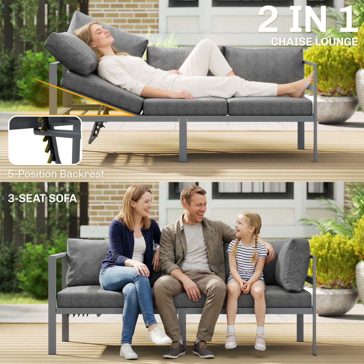 3 Piece Aluminium Corner Lounge Set with Adjustable Backrest, Dark Grey — product view 7