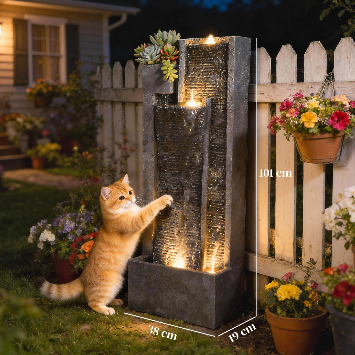 3-Tier Water Feature with LED Lights, Planter and Pump, Dark Grey — product view 5