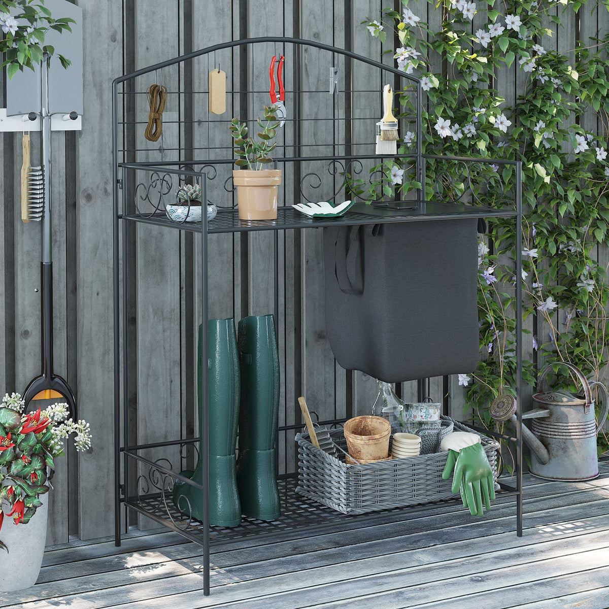 Folding Potting Bench Table with Storage Shelf, Flourishes — product view 3