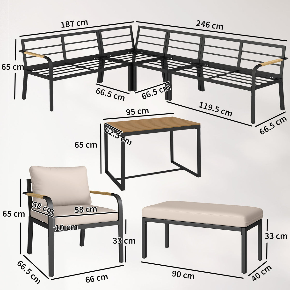 7 Seater Garden Furniture Set with Faux Wood Table, Khaki — product view 5