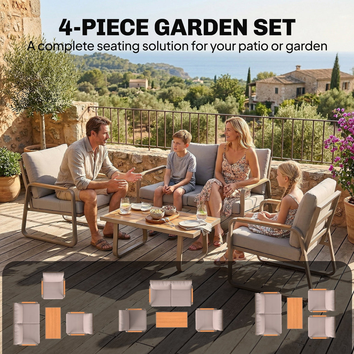 4-Piece Patio Set with Metal Frame and Cushions, Loveseat & 2 Chairs, Brown — product view 6