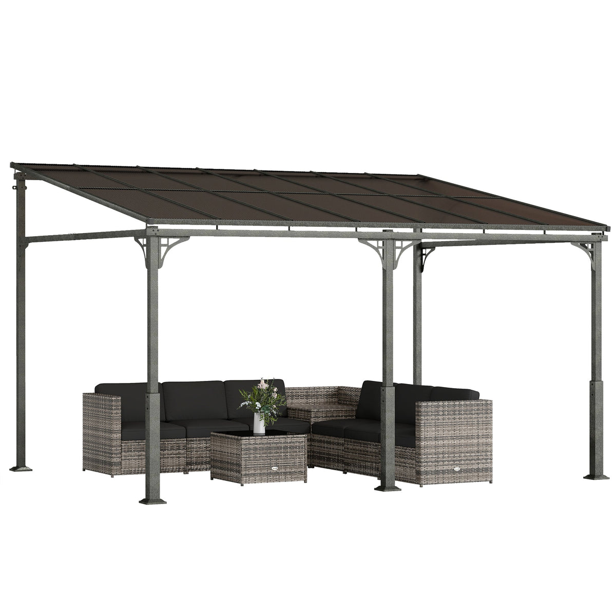 13' x 10' Lean-to Gazebo with Polycarbonate Roof, Brown — product view 1