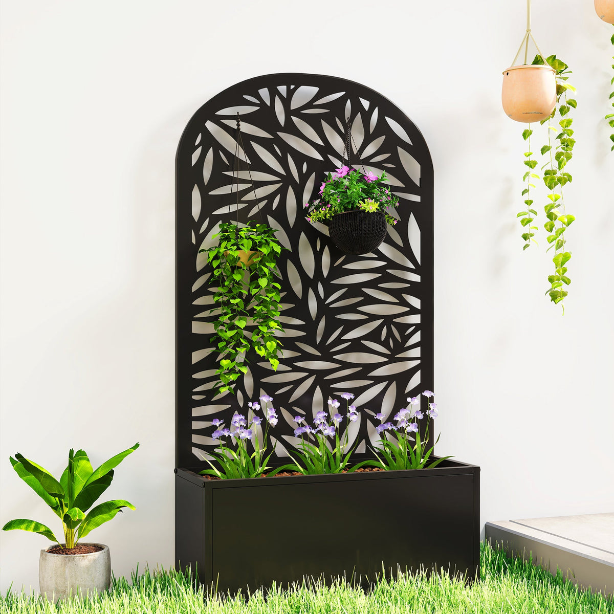 Metal Raised Garden Bed with Curved Trellis Panel, Leaves Cut-Out — product view 3