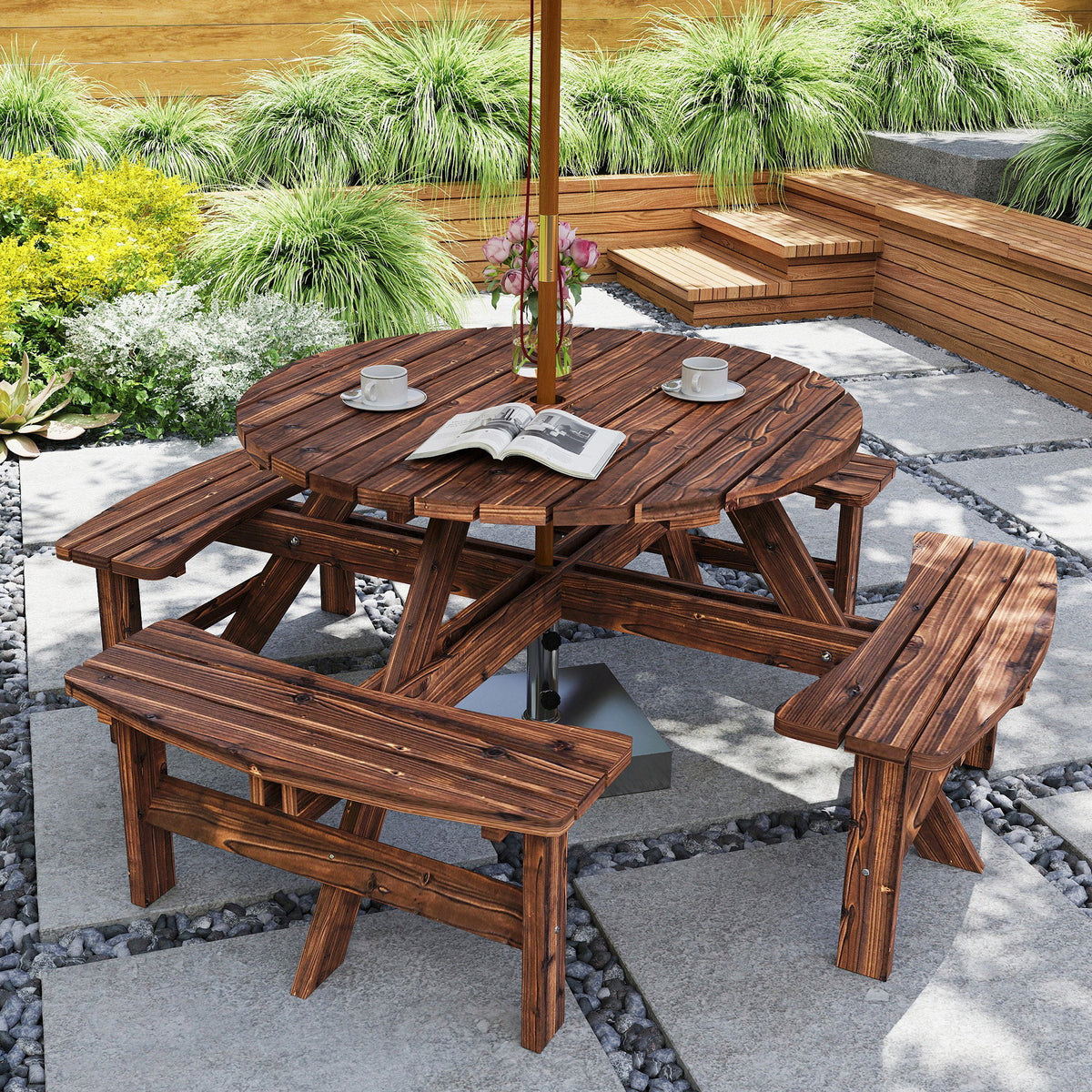 8 Seater Wooden Garden Picnic Table Set with Matching Bench, Tan — product view 3
