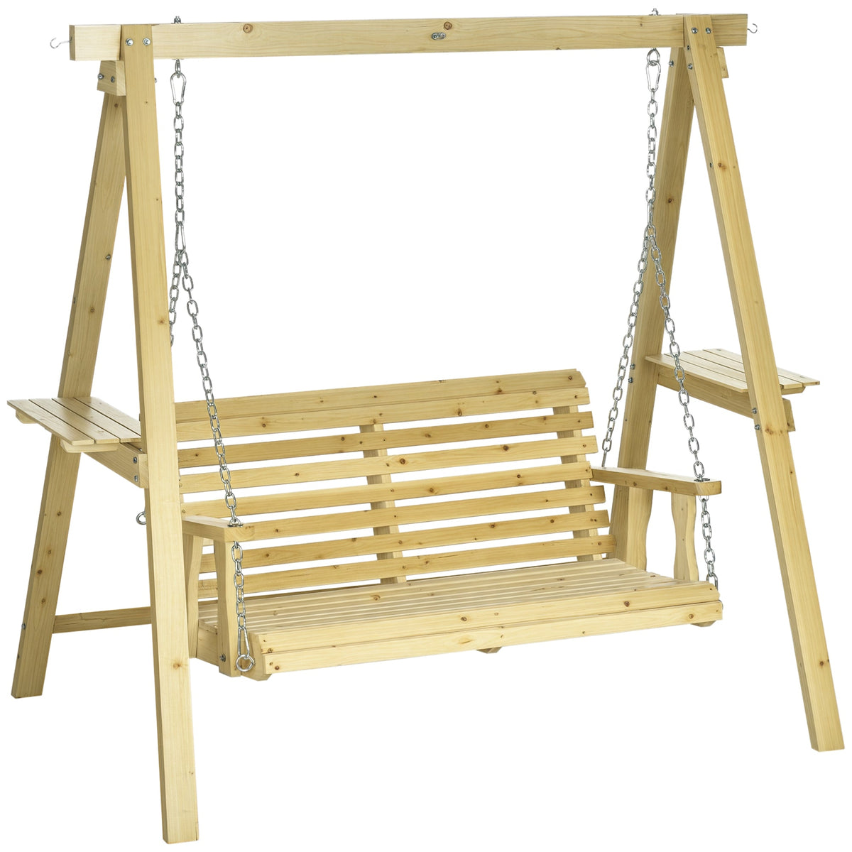 2-Seat Porch Swing with Stand and Side Tables, Natural Wood — product view 1