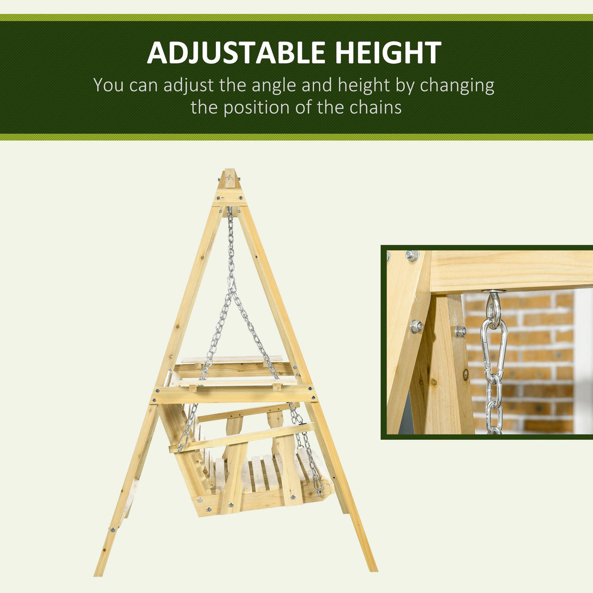 2-Seat Porch Swing with Stand and Side Tables, Natural Wood — product view 7