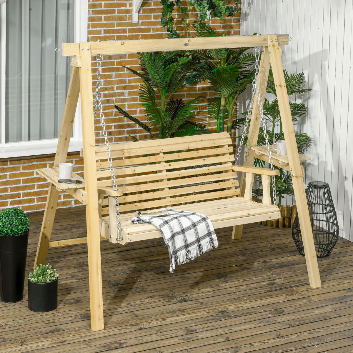 2-Seat Porch Swing with Stand and Side Tables, Natural Wood — product view 4