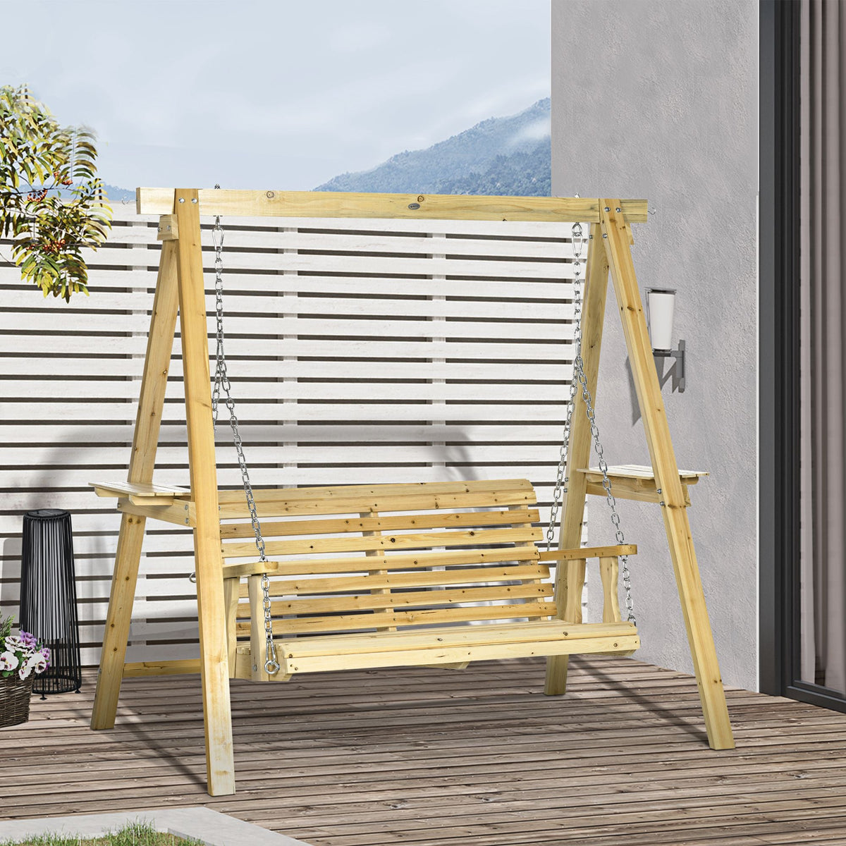 2-Seat Porch Swing with Stand and Side Tables, Natural Wood — product view 3