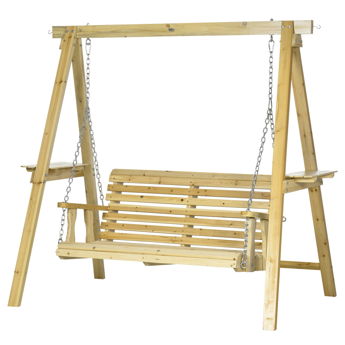 2-Seat Porch Swing with Stand and Side Tables, Natural Wood — product view 2