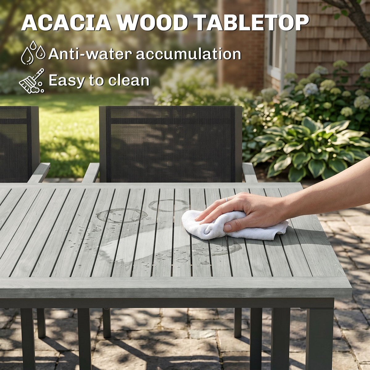 6-Seater Acacia Wood Top Dining Set with Stackable Texteline Chairs, Grey — product view 6