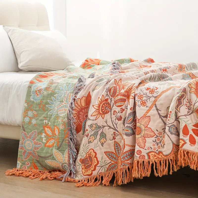 LoungeYard | Boho Floral Cotton Throw Blanket with Fringe – Cream & Orange — product view 1