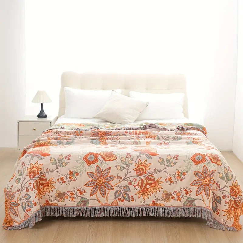 LoungeYard | Boho Floral Cotton Throw Blanket with Fringe – Cream & Orange — product view 4