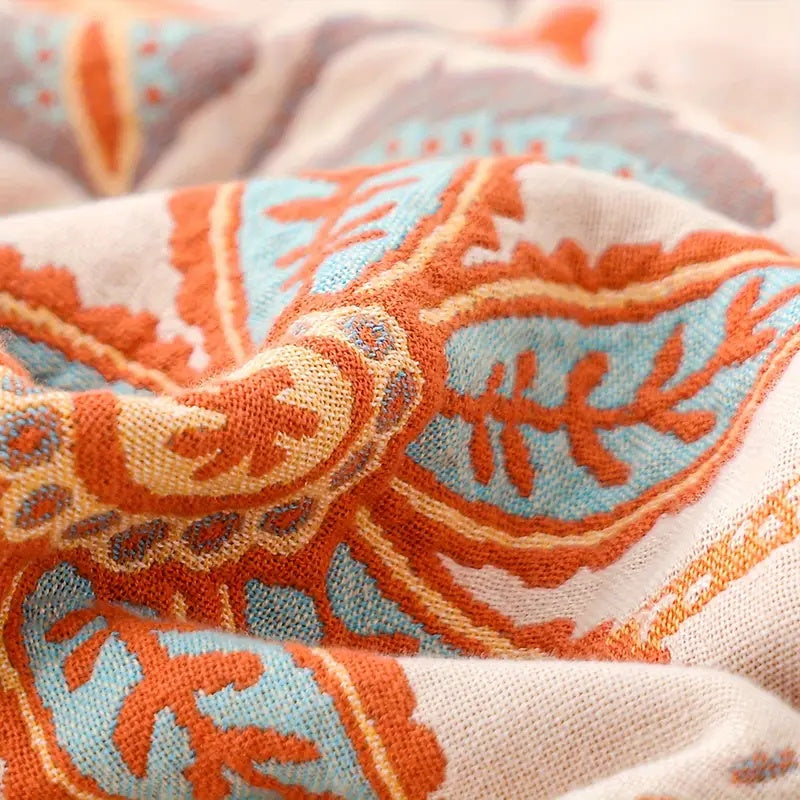 LoungeYard | Boho Floral Cotton Throw Blanket with Fringe – Cream & Orange — product view 7