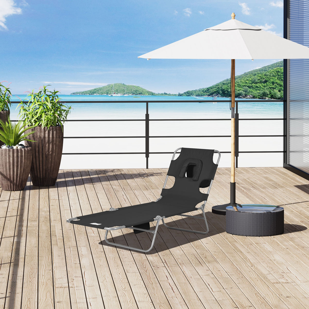 Folding Lounge Chair with Face Hole, Side Pocket and Strap, Black — product view 3