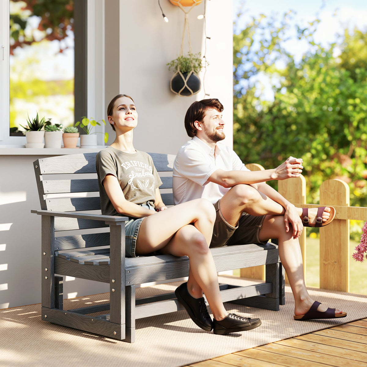 2-Person Outdoor Glider Bench w/ Slatted HDPE Frame for Backyard Garden Porch, Distressed Gray — product view 3
