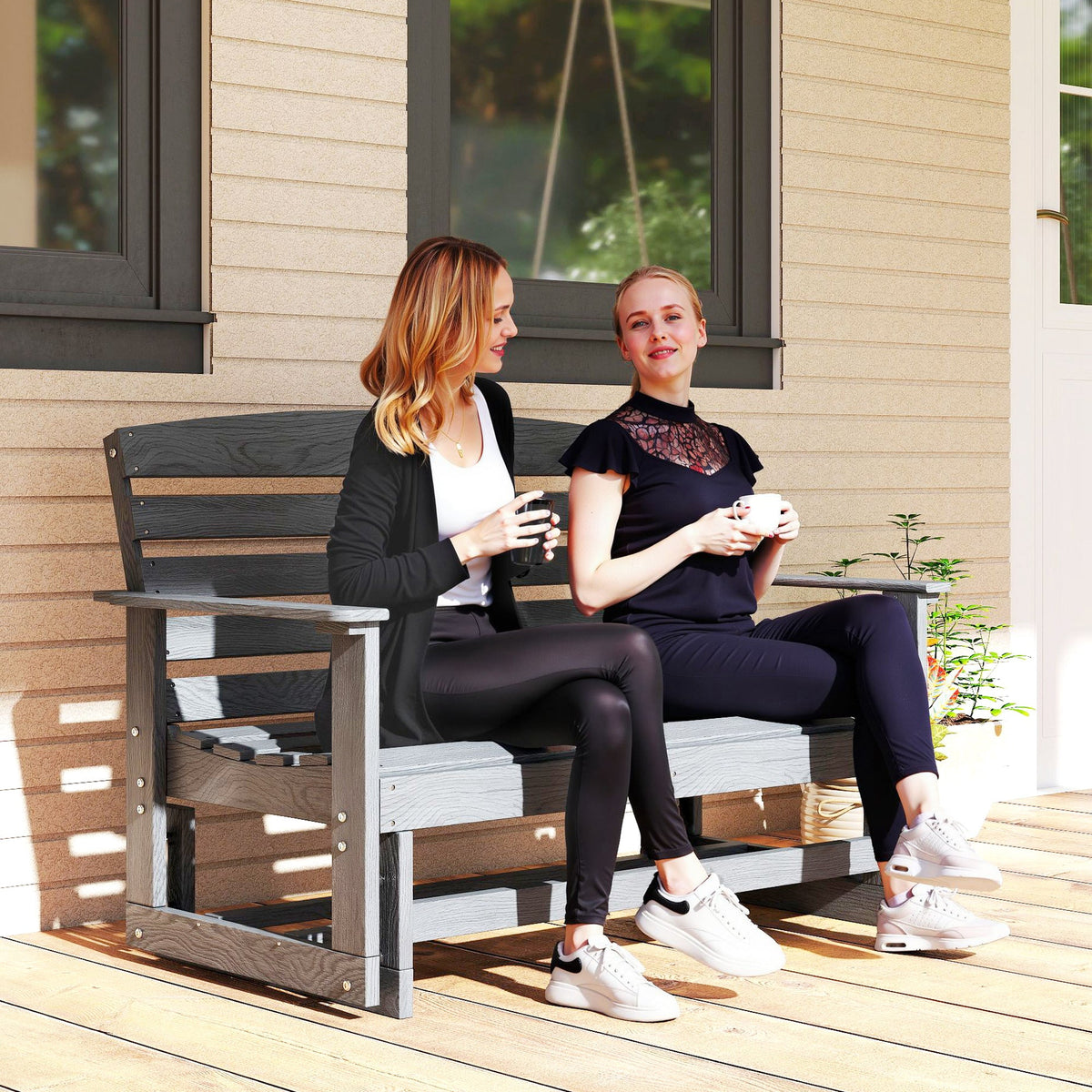 2-Person Outdoor Glider Bench w/ Slatted HDPE Frame for Backyard Garden Porch, Distressed Gray — product view 4