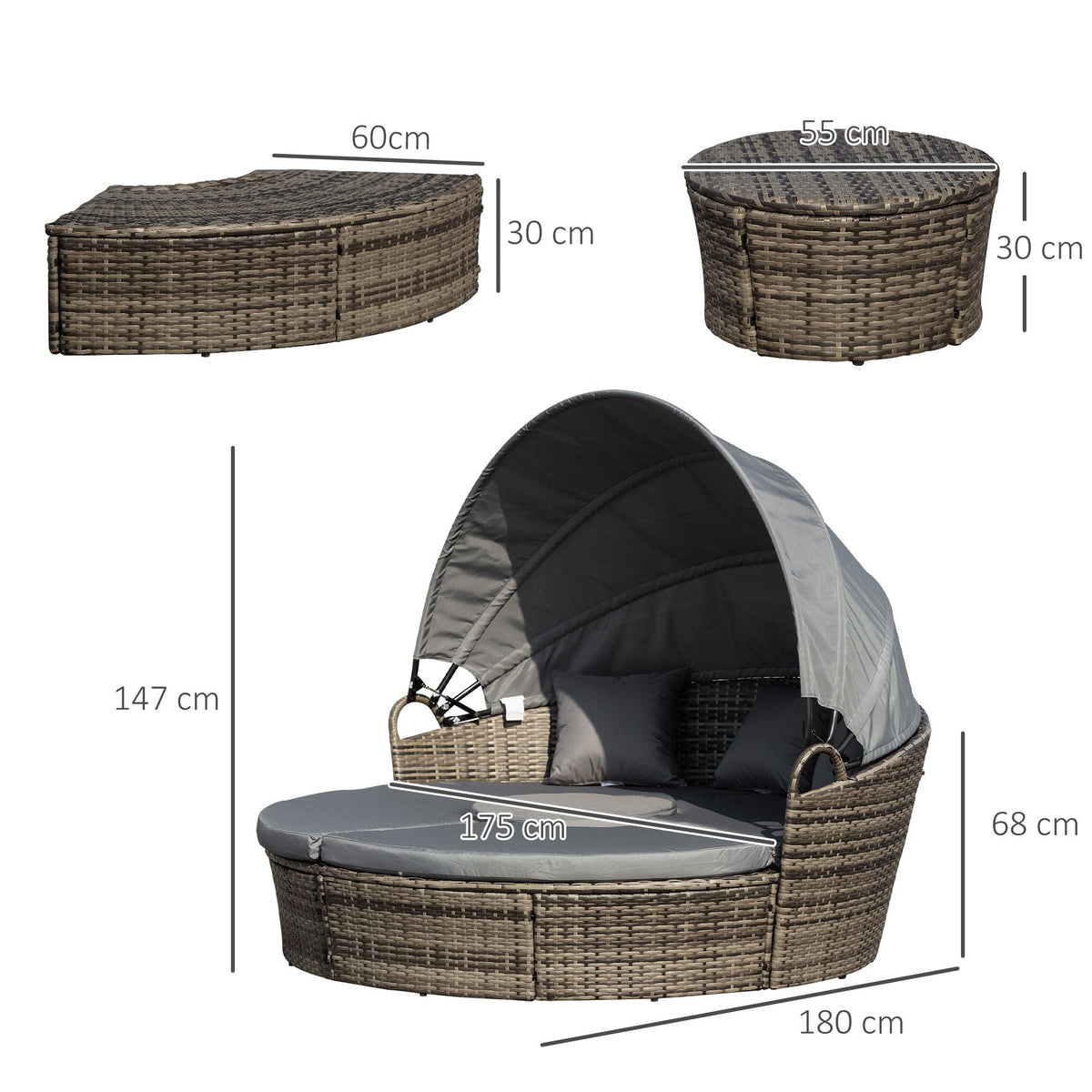 Round PE Rattan Daybed Set with Retractable Canopy, Table & Pillows, Dark Grey/Grey — product view 5