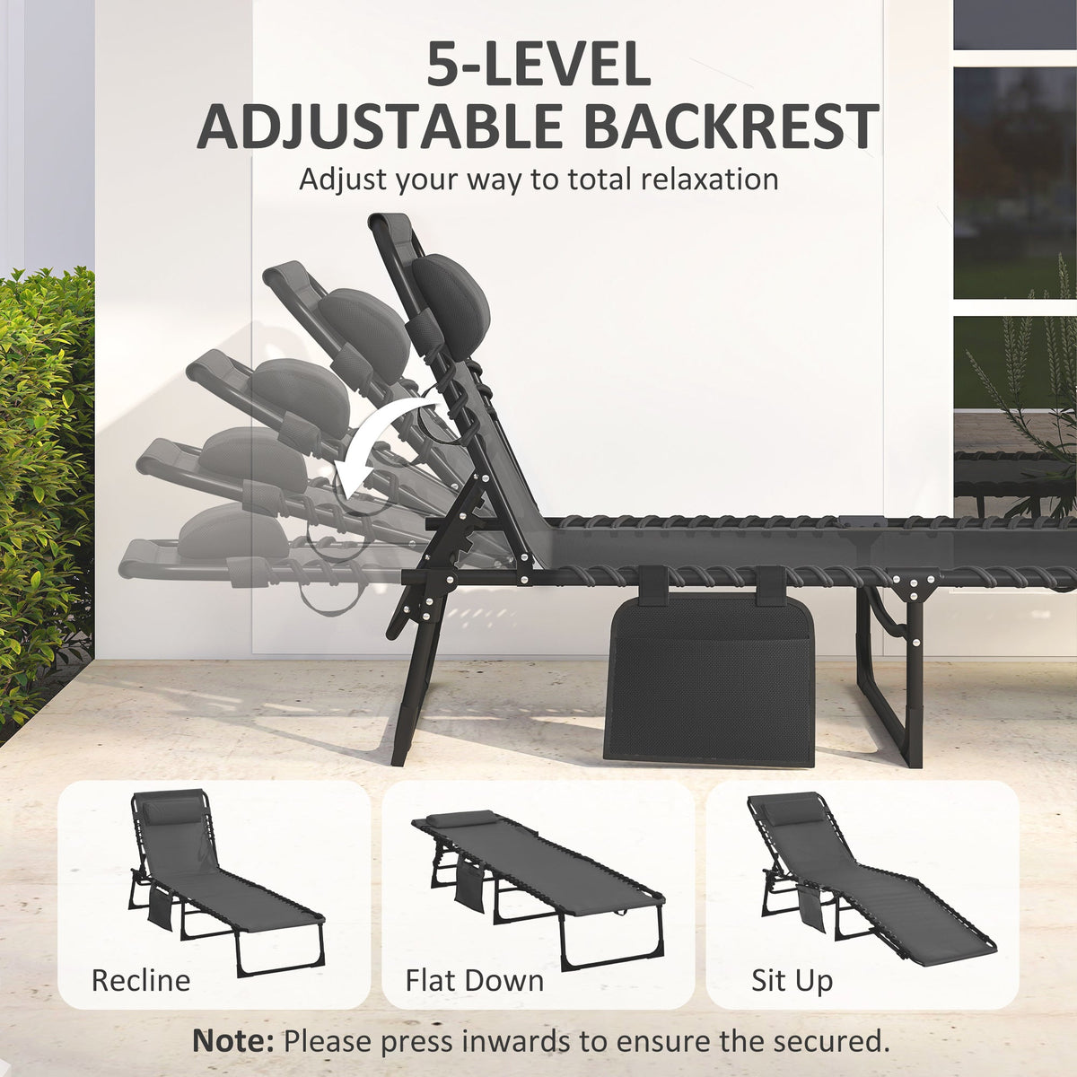 Folding Lounge Chair with Adjustable Backrest and Pillow, Black — product view 6