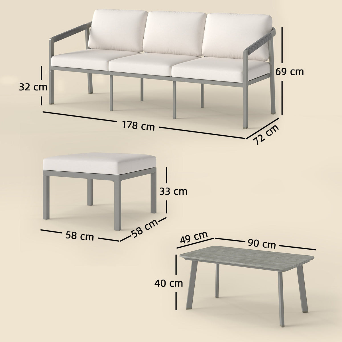 3 Piece Garden Furniture Set with Sofa, Footstool and Coffee Table, Grey — product view 5