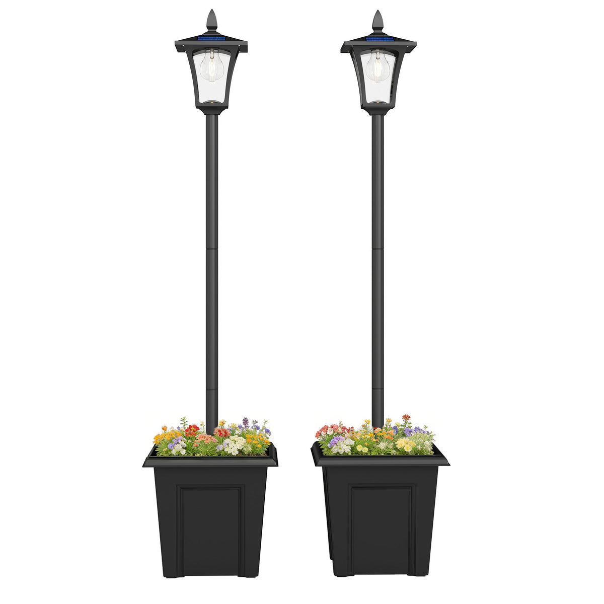 63" Solar Lamp Post Lights 2 Pack with Planter, Waterproof LED, Black — product view 1