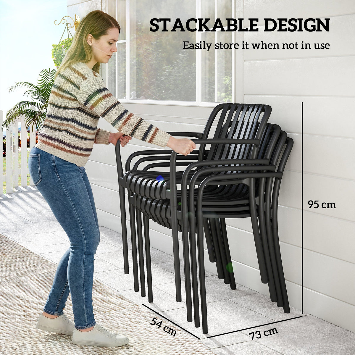 Stackable Patio Dining Chairs 4-Pack, Plastic Curved Back with Armrests, Black — product view 7