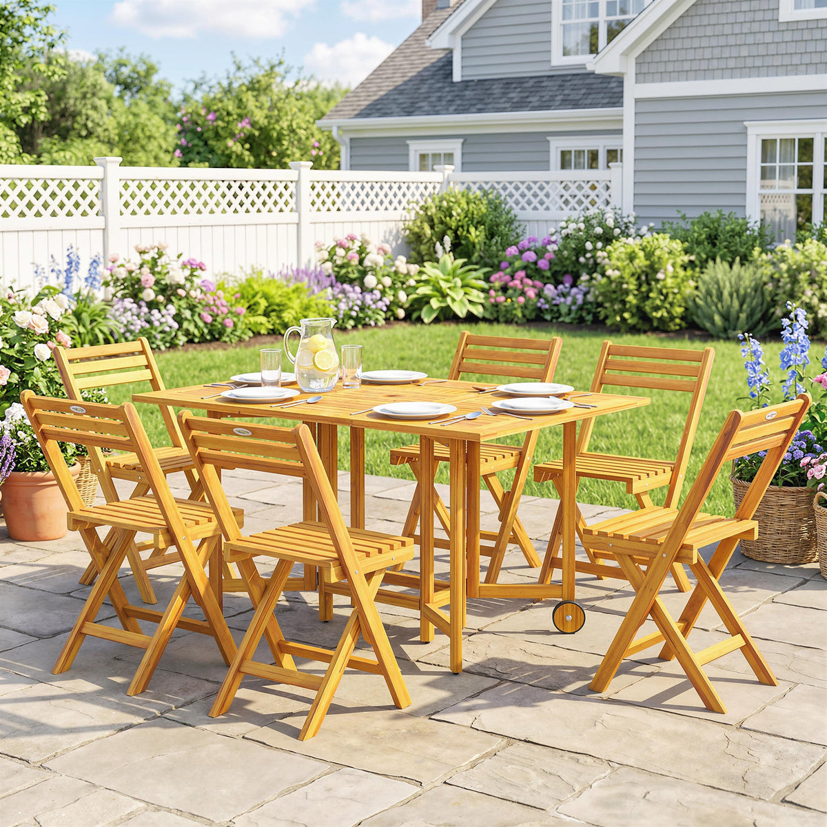 7-Piece Extending Acacia Dining Set with 6 Folding Chairs & Umbrella, Natural — product view 4
