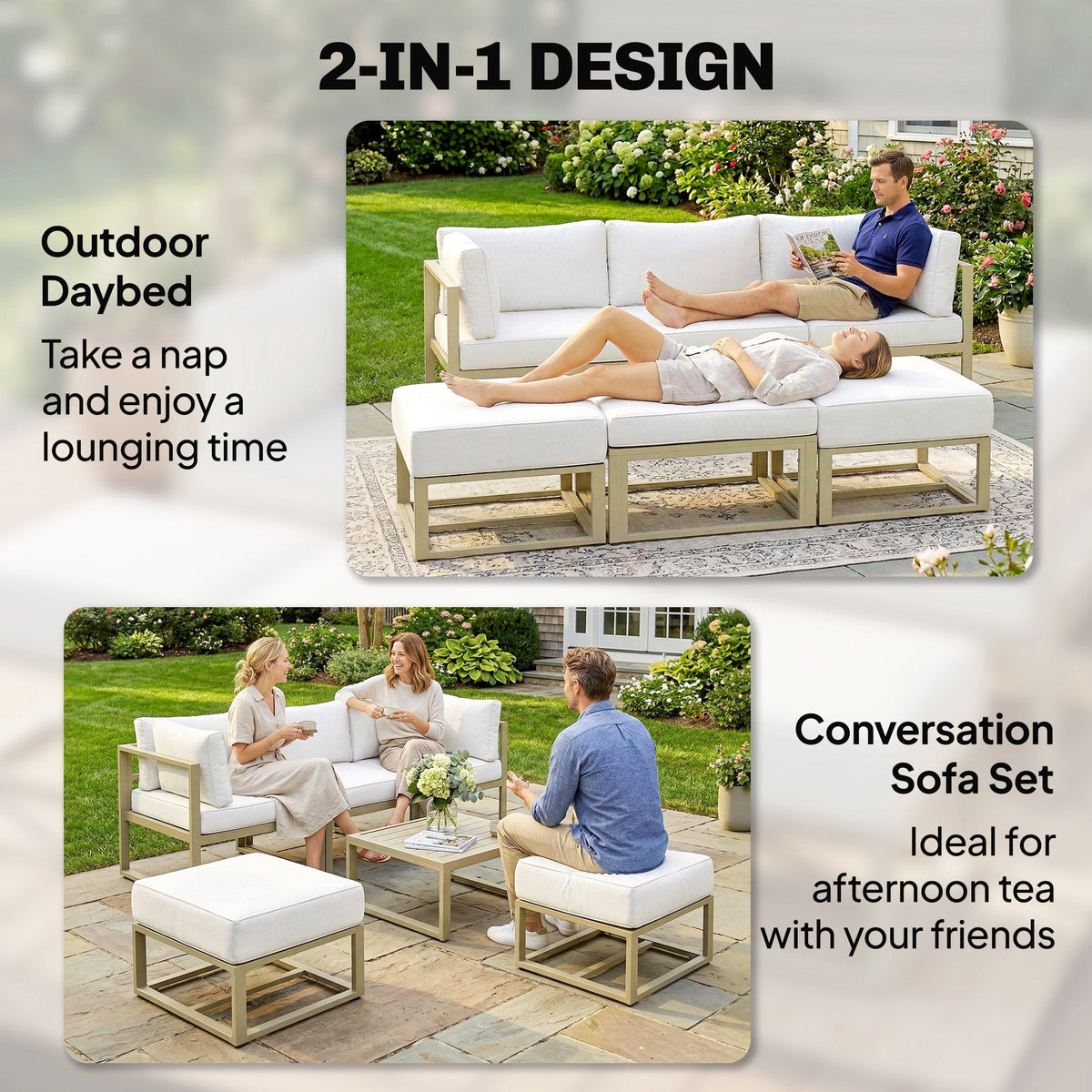 6 Piece Garden Daybed Set with Coffee Table and Footstool, Cream White — product view 6