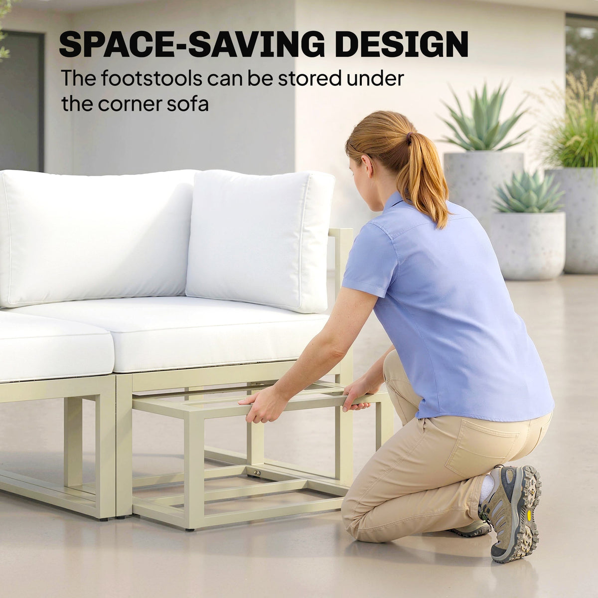 6 Piece Garden Daybed Set with Coffee Table and Footstool, Cream White — product view 7