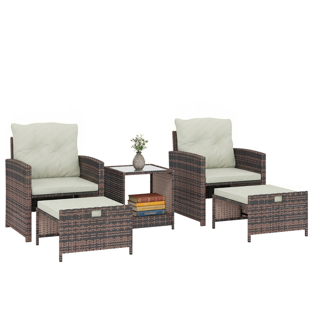 5-Piece Wicker Patio Set with Ottomans & 2-Tier Glass Coffee Table, Brown/Cream — product view 1