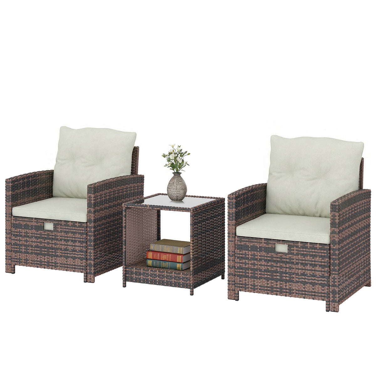 5-Piece Wicker Patio Set with Ottomans & 2-Tier Glass Coffee Table, Brown/Cream — product view 2