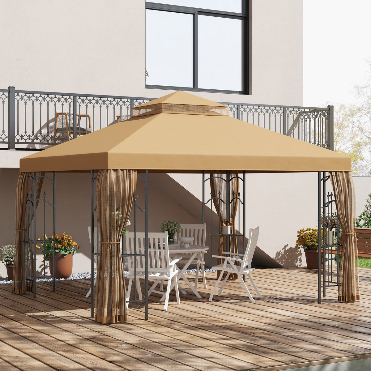 10' x 12' Patio Gazebo with Corner Shelves and Netting, Brown — product view 4