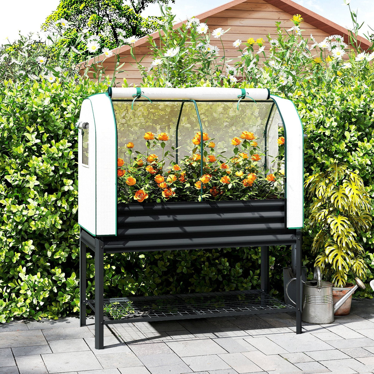 Galvanized Raised Garden Bed with Greenhouse Cover, Black — product view 3