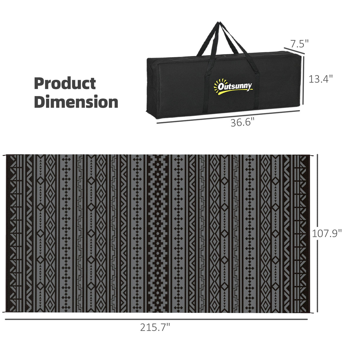 9' x 18' Reversible Outdoor Rug, Black Gray Geometric — product view 5
