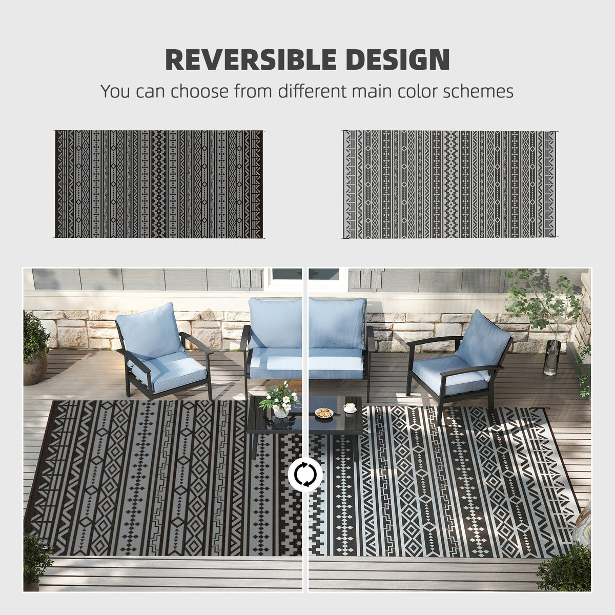 9' x 18' Reversible Outdoor Rug, Black Gray Geometric — product view 6