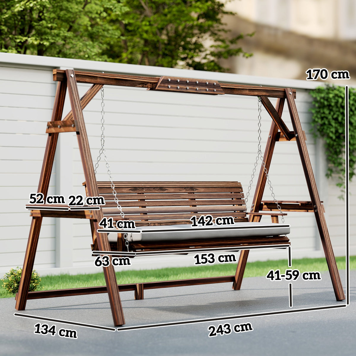3 Seater Wooden Garden Swing Seat with Cushion and Side Trays, Carbonised Brown — product view 5