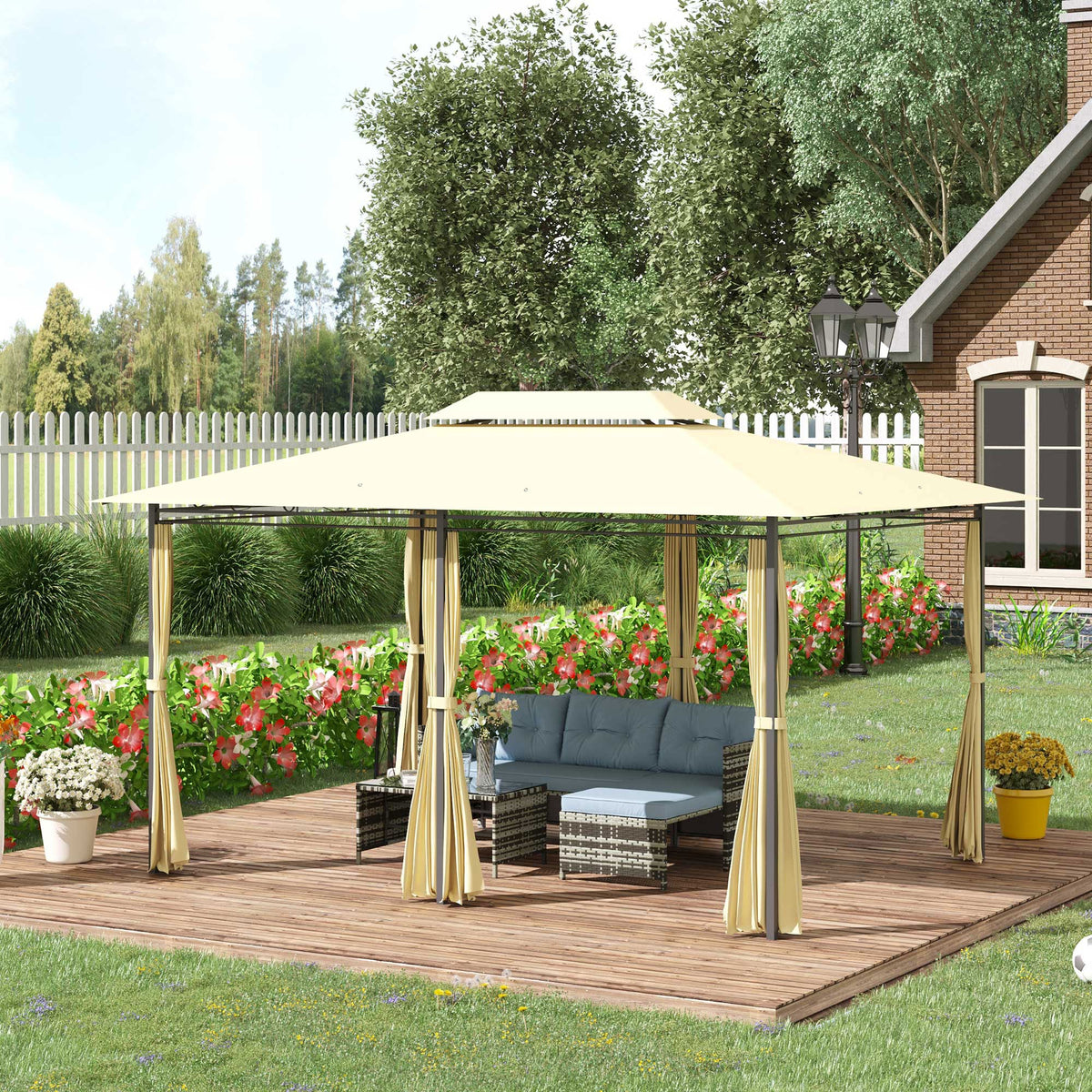 4 x 3m Garden Gazebo with Double Roof & Curtains, Beige — product view 4