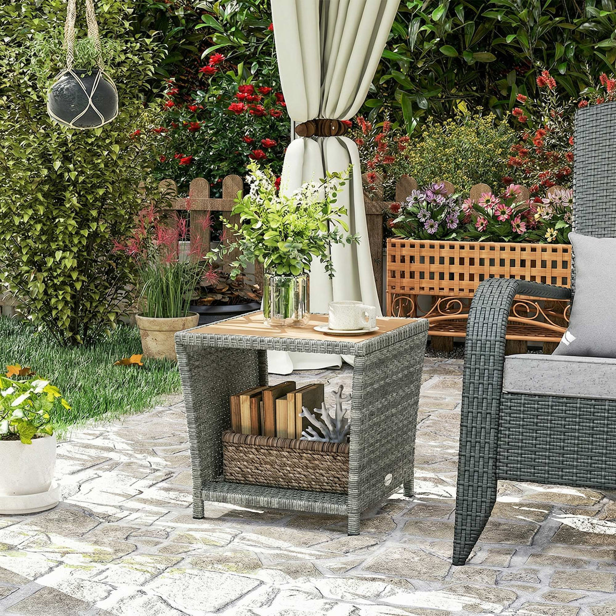 2-Tier PE Rattan Side Table with Storage Shelf, Light Grey — product view 4