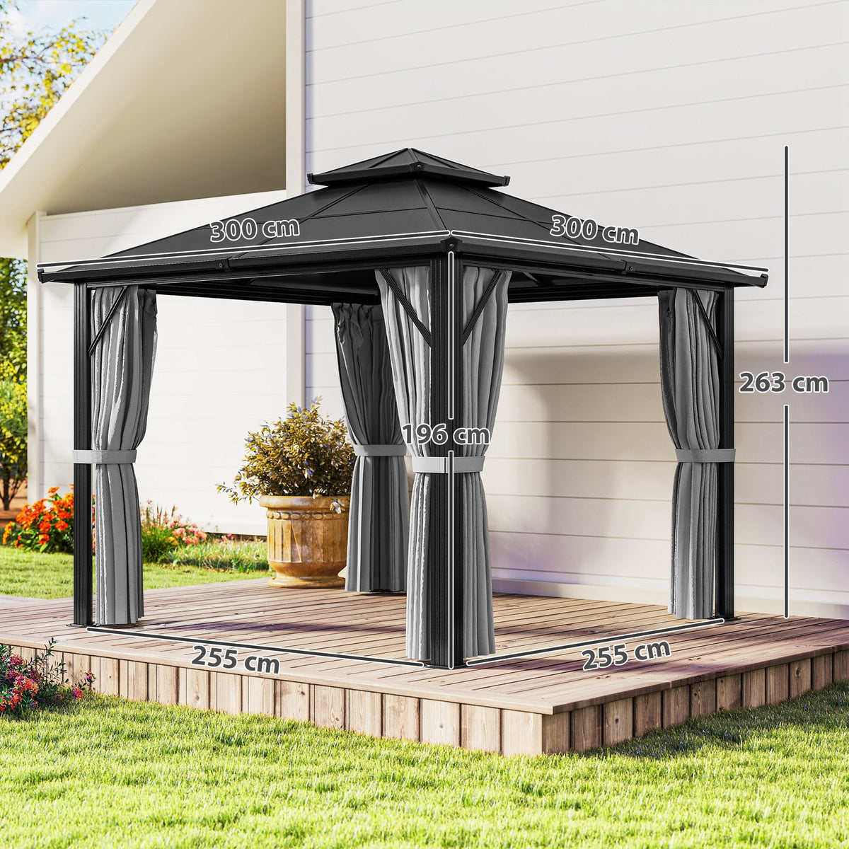 3 x 3m Hardtop Gazebo with Double Polycarbonate Roof, Curtains & Netting, Grey — product view 5