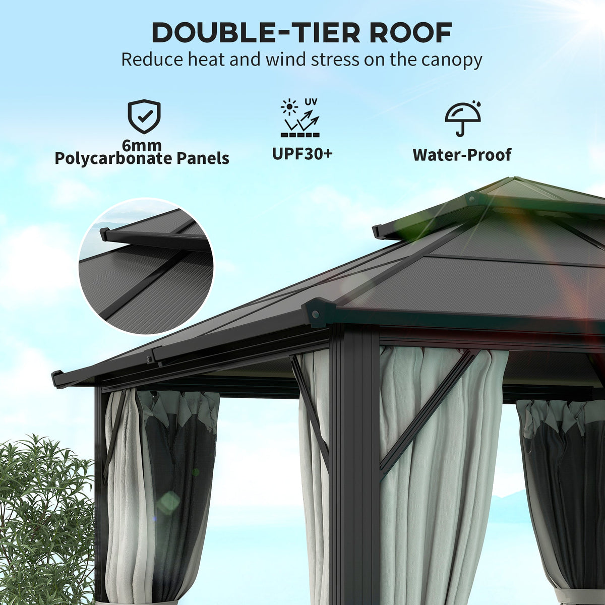 3 x 3m Hardtop Gazebo with Double Polycarbonate Roof, Curtains & Netting, Grey — product view 6