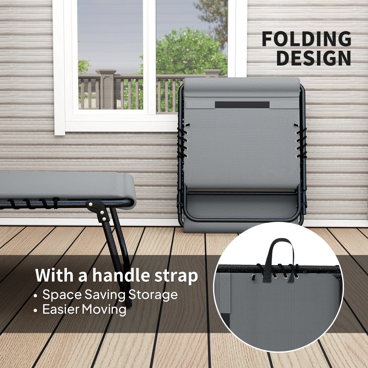 Set of 2 Folding Sun Loungers with Headrest & Side Pocket, Charcoal Grey — product view 7