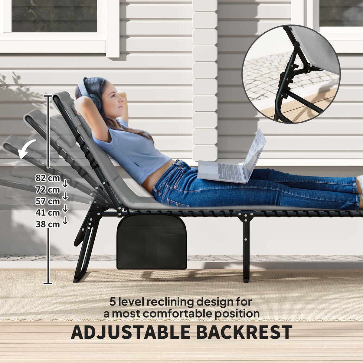 Set of 2 Folding Sun Loungers with Headrest & Side Pocket, Charcoal Grey — product view 6