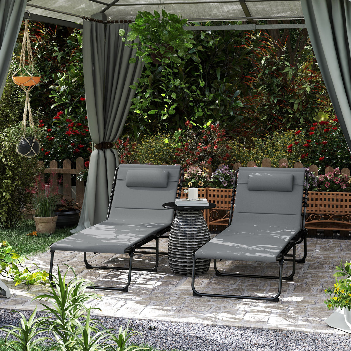 Set of 2 Folding Sun Loungers with Headrest & Side Pocket, Charcoal Grey — product view 3